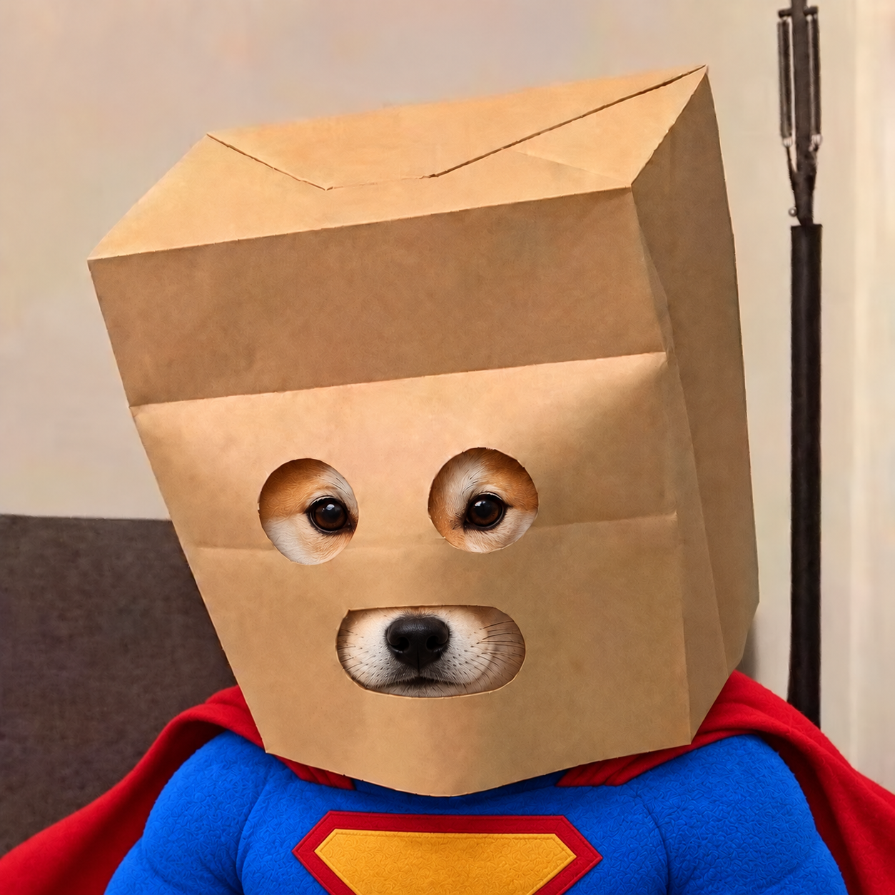 Anonymous Inu wearing a paper bag and a superhero costume